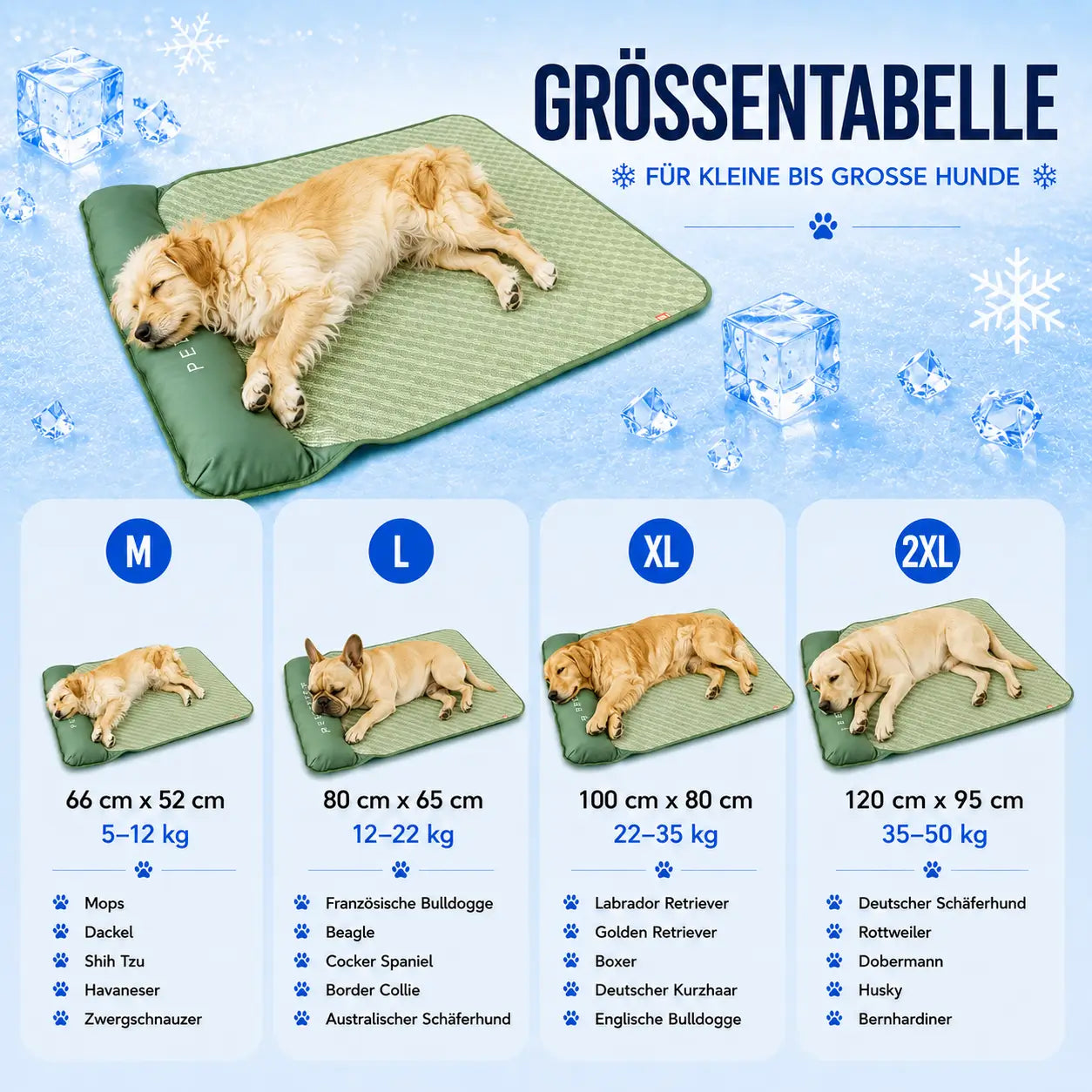 Kühlendes Hundebett  Größentabelle 