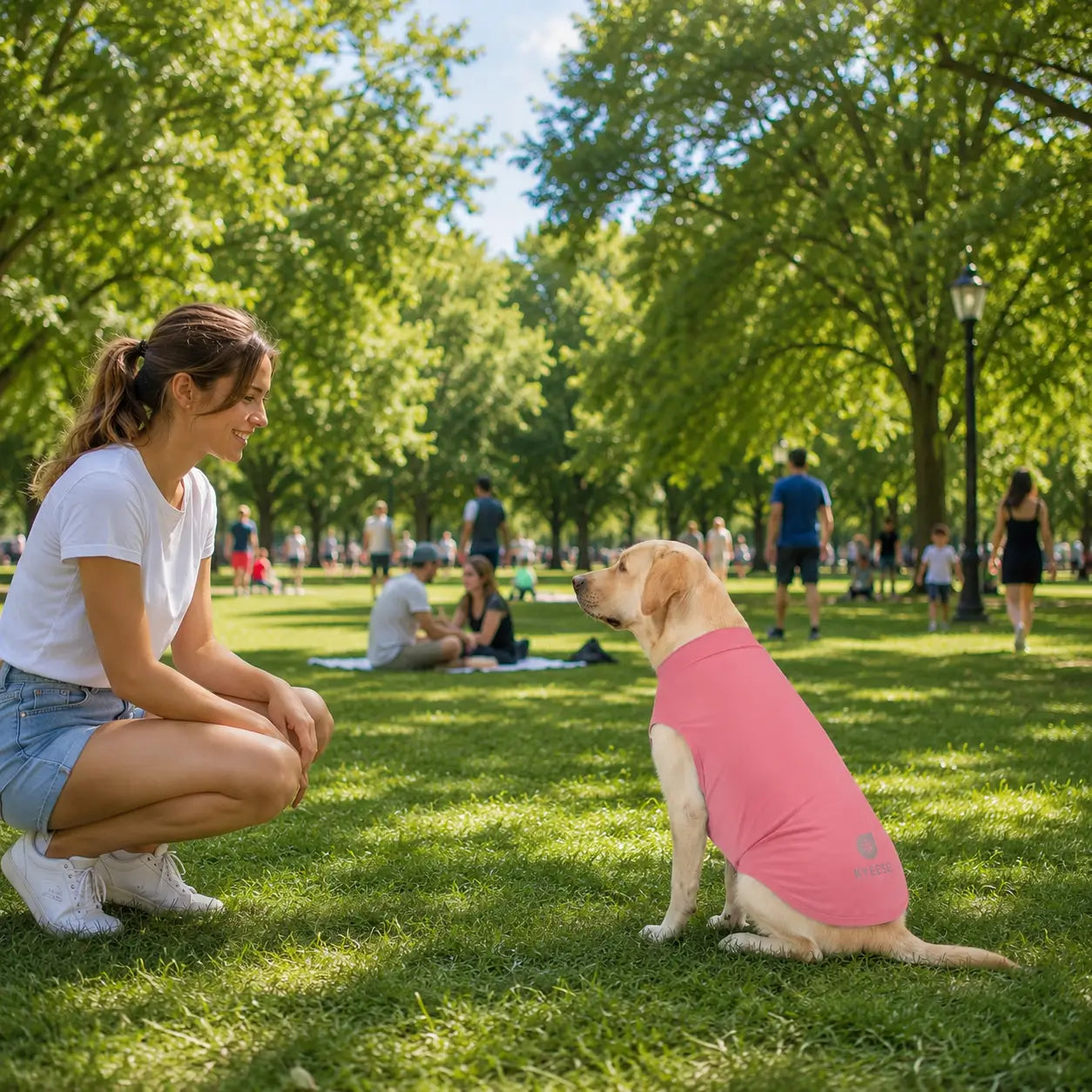 Hund trägt kühlende Hundeweste im Park