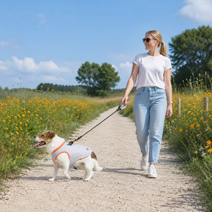Hund mit Kühlweste beim Spaziergang an einem warmen Sommertag