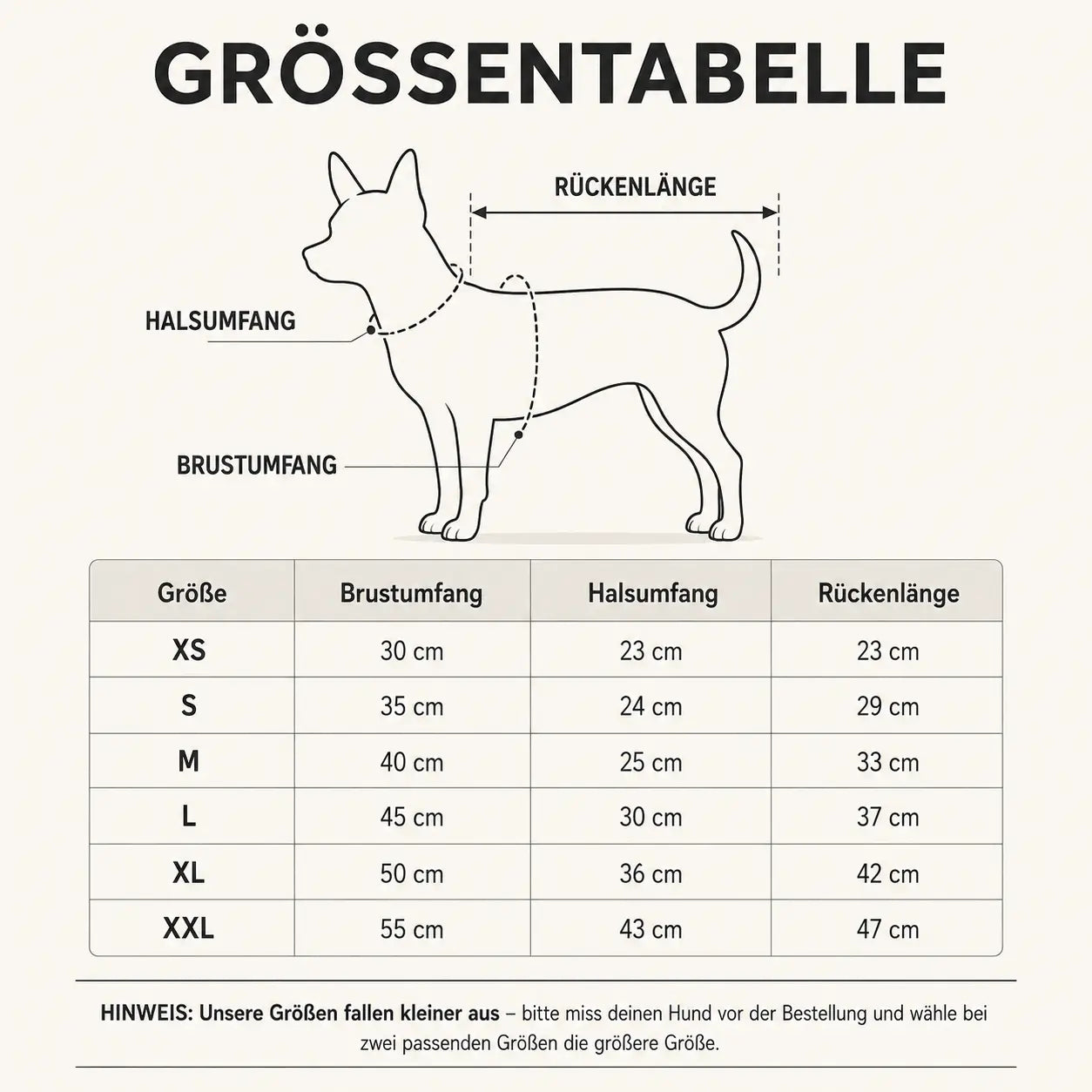 Hundepullover Größentabelle