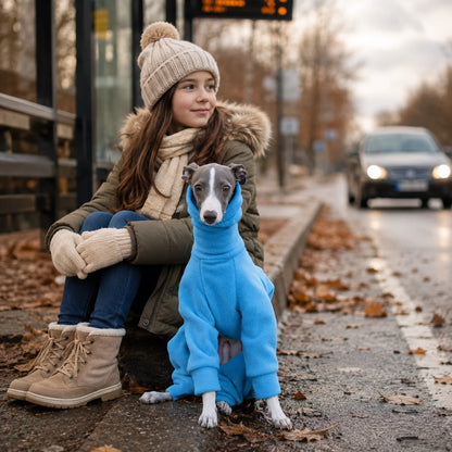 Hundemantel Winter | Blauer Fleece-Overall für Windhunde