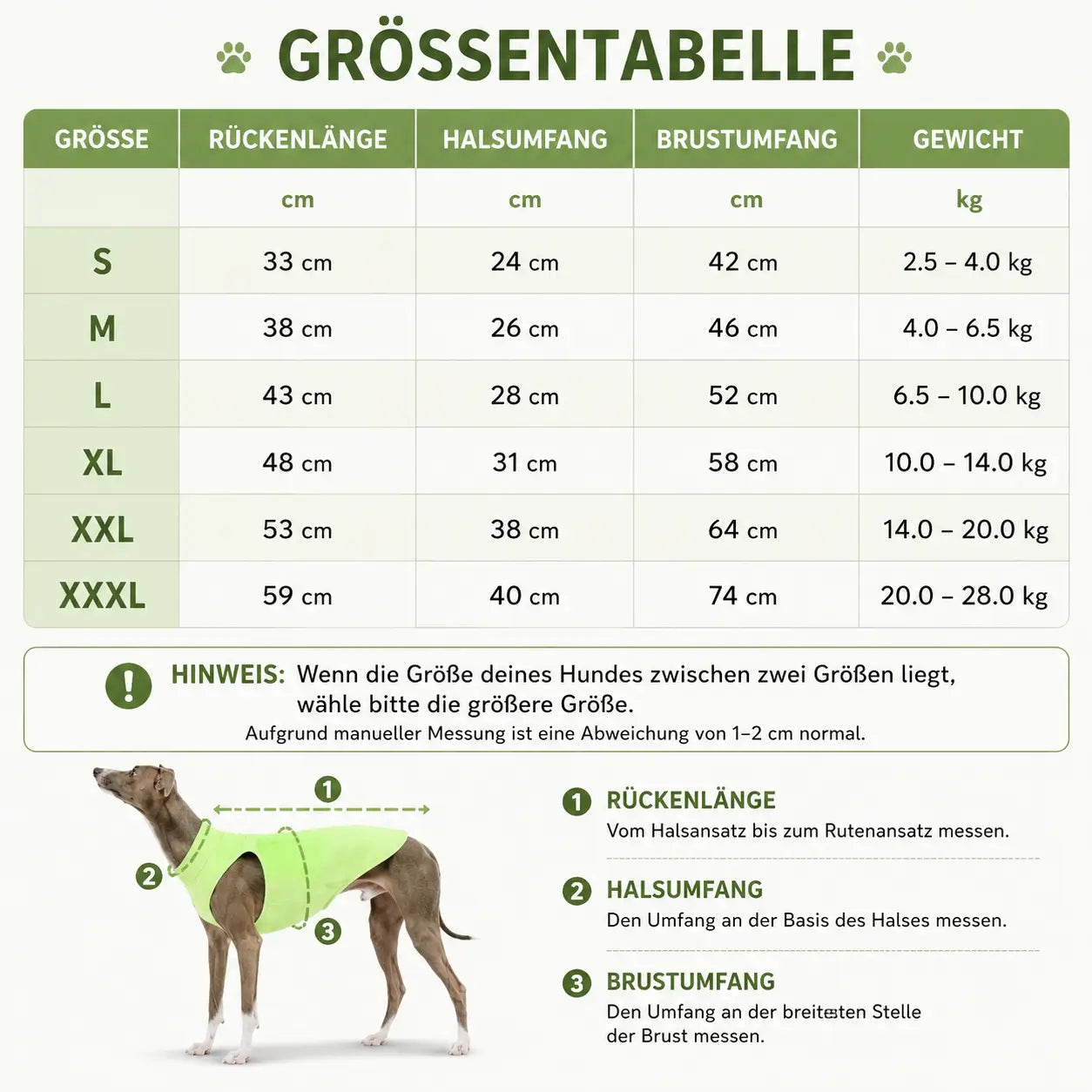 Hundeshirt Größentabelle 