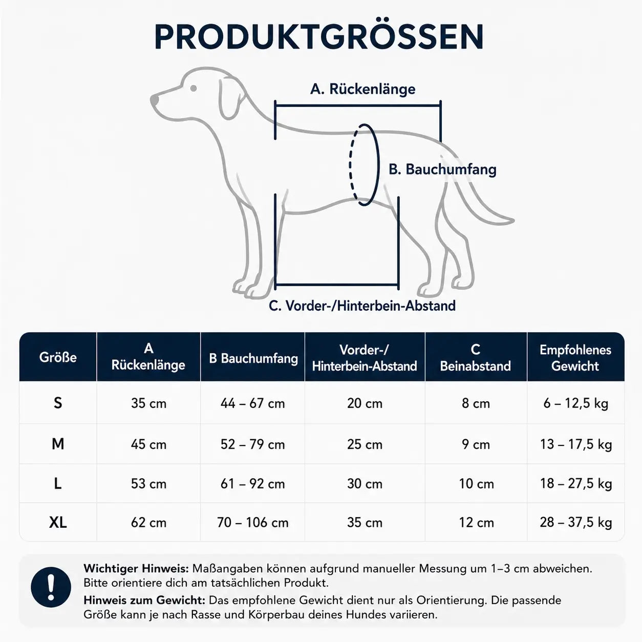 Hundetragehilfe Größentabelle 