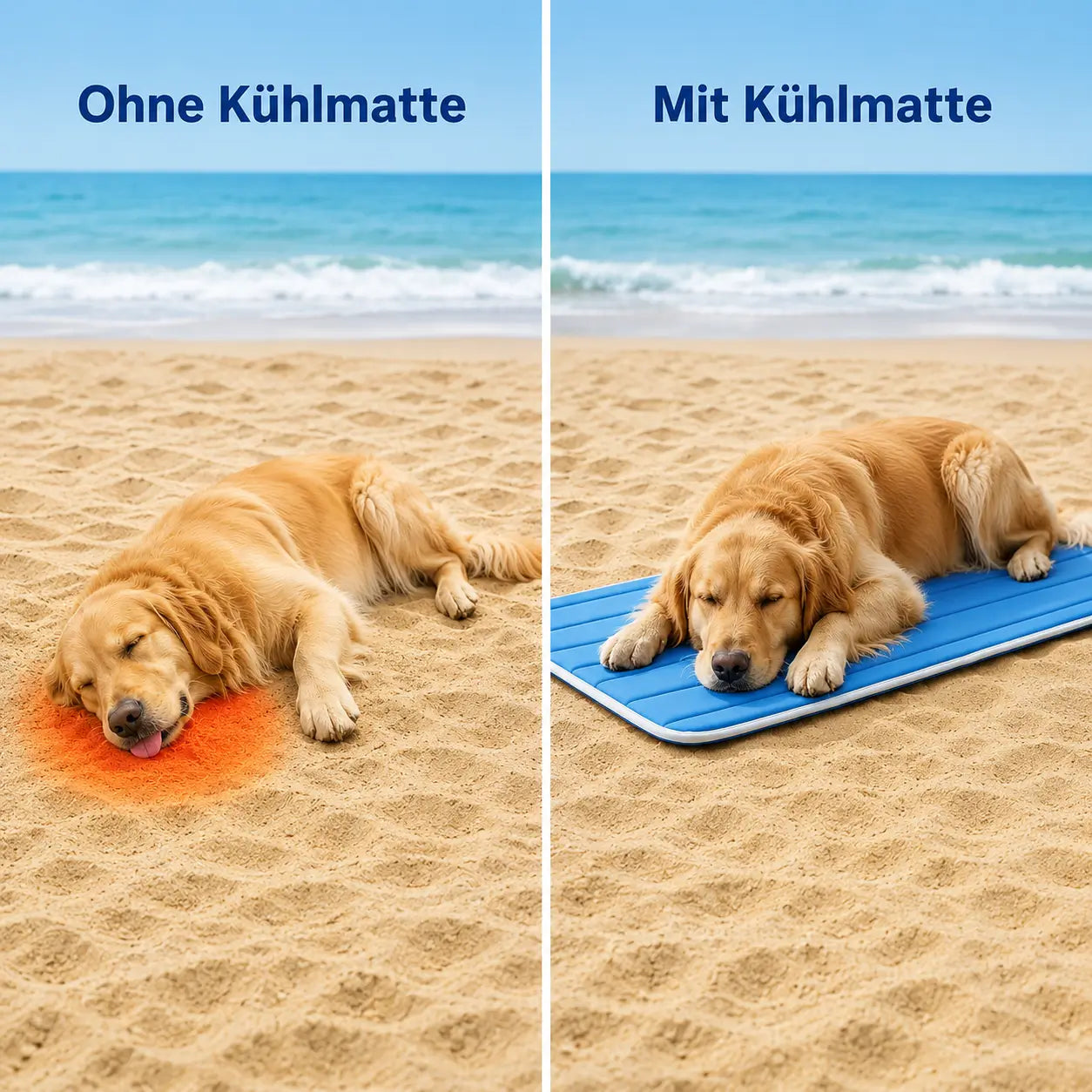 Hund mit und ohne kühlmatte 