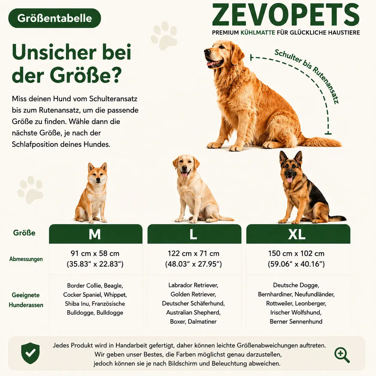 Kuhlmatte Größentabelle 