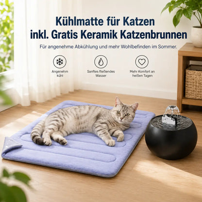 Kühlmatte für Katzen | inkl. Gratis Keramik Katzenbrunnen