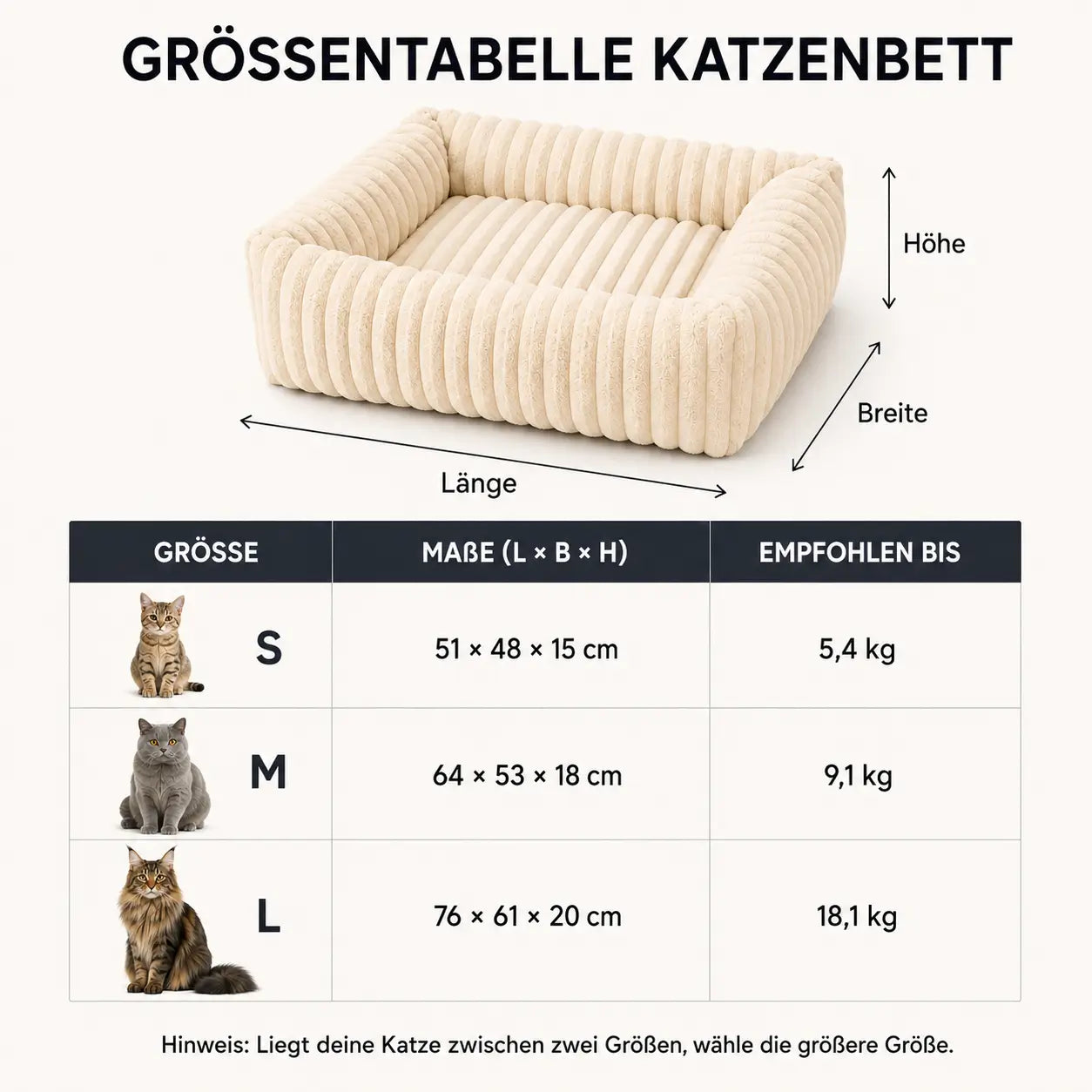 Katzenbett Winter Größentabelle