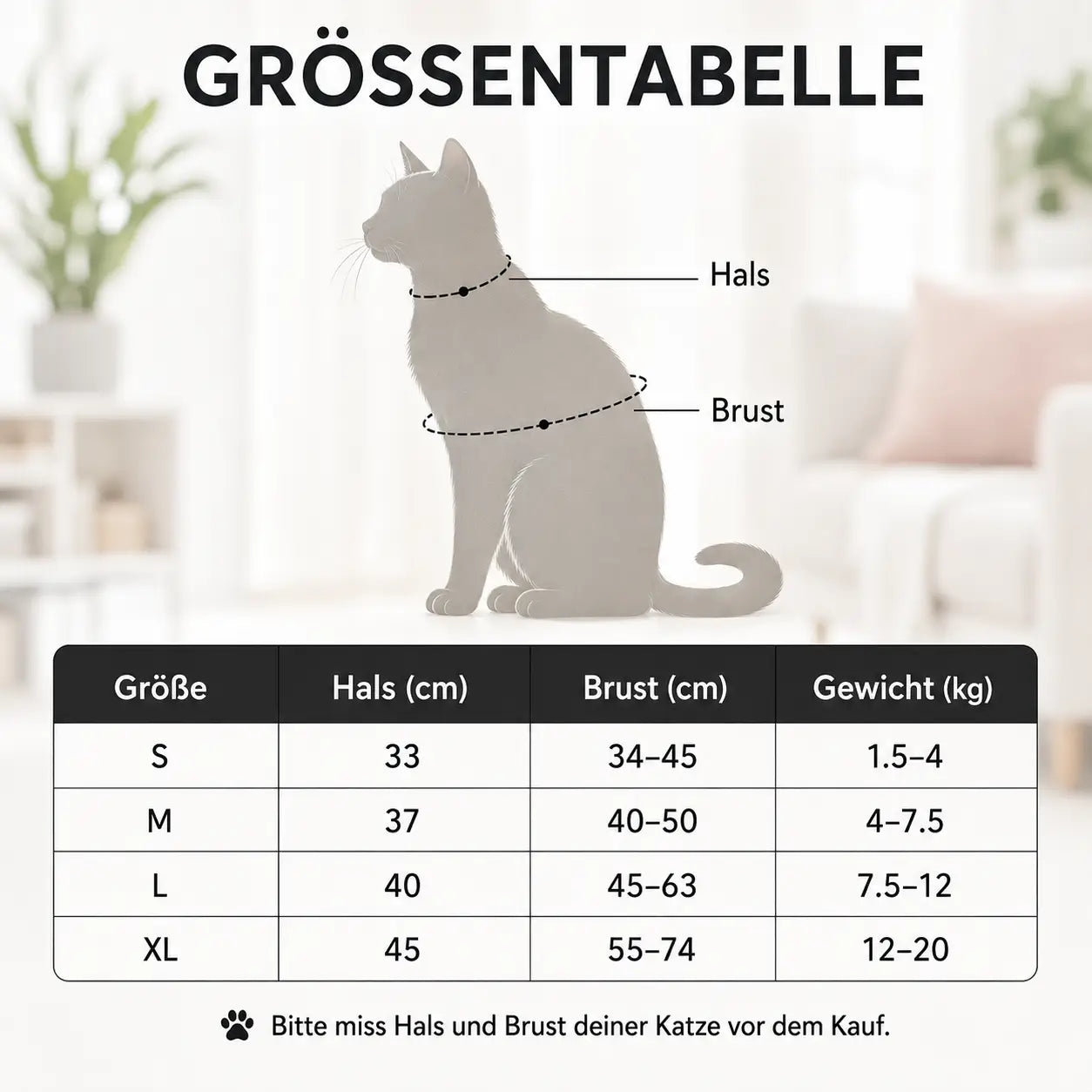 Katzengeschirr Größentabelle