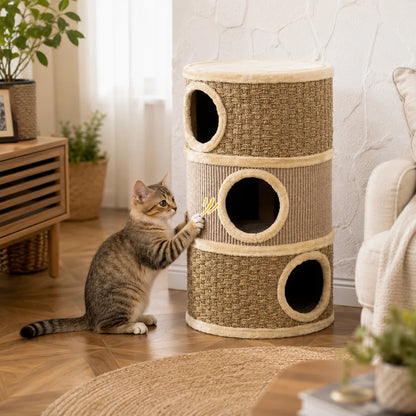 Kratztonne für Katzen 79 cm | 3 Etagen mit Sisal & Katzenhöhlen