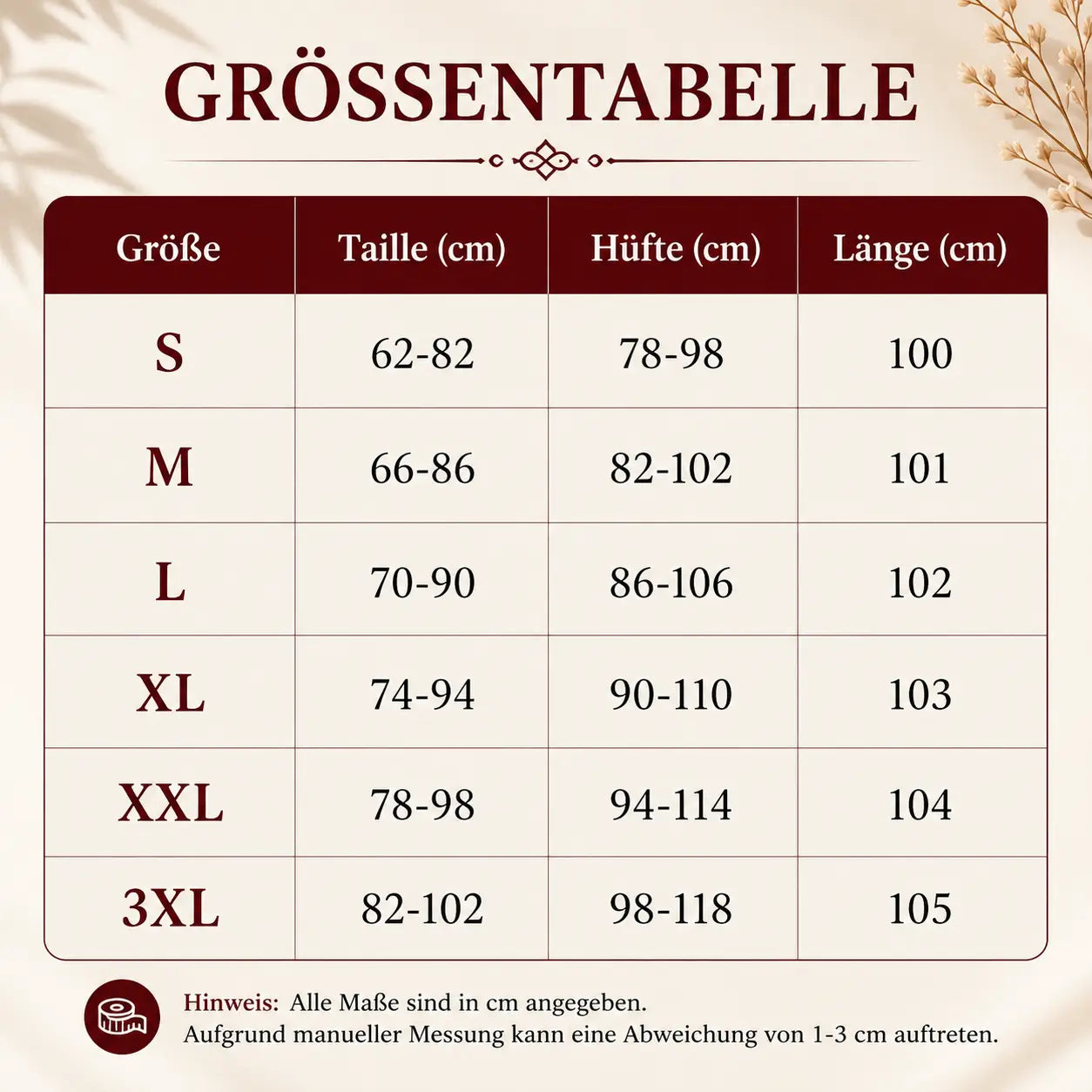 Leder-Leggings  Größentabelle 