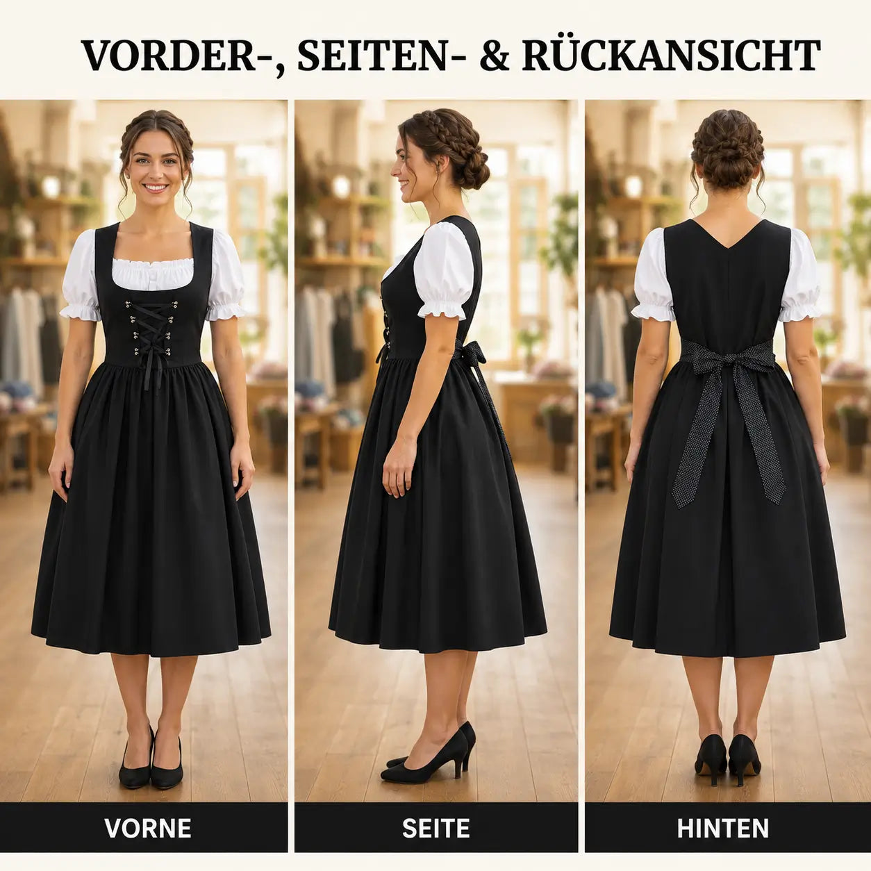 Oktoberfest Dirndl Vorder-, Seiten- und Rückansicht