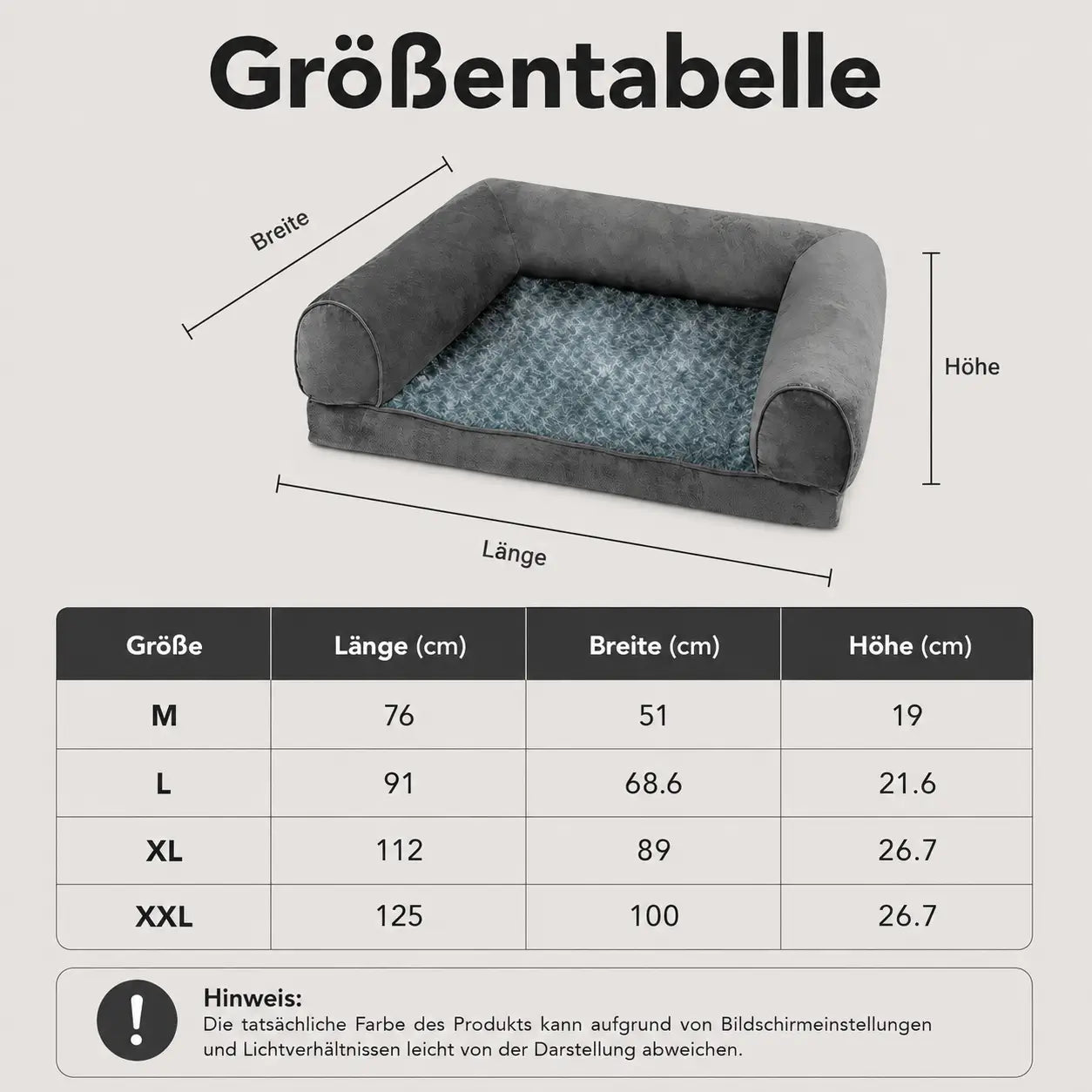 Hundebett mit Memory-Schaum Größentabelle