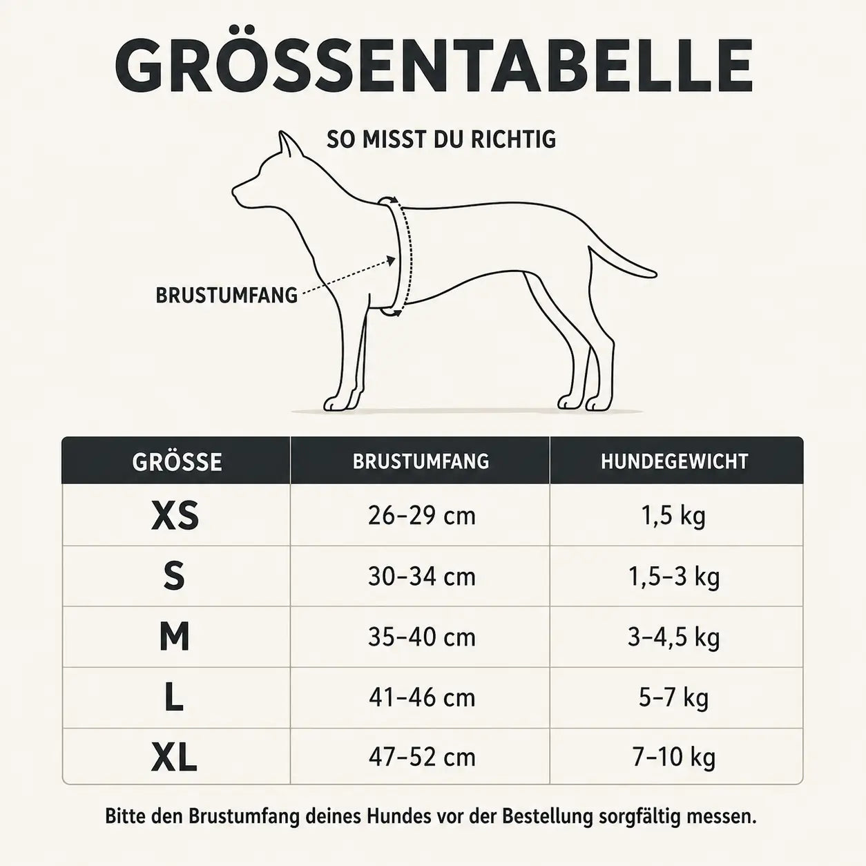 Reflektierendes Hundegeschirr mit Leine Größentabelle