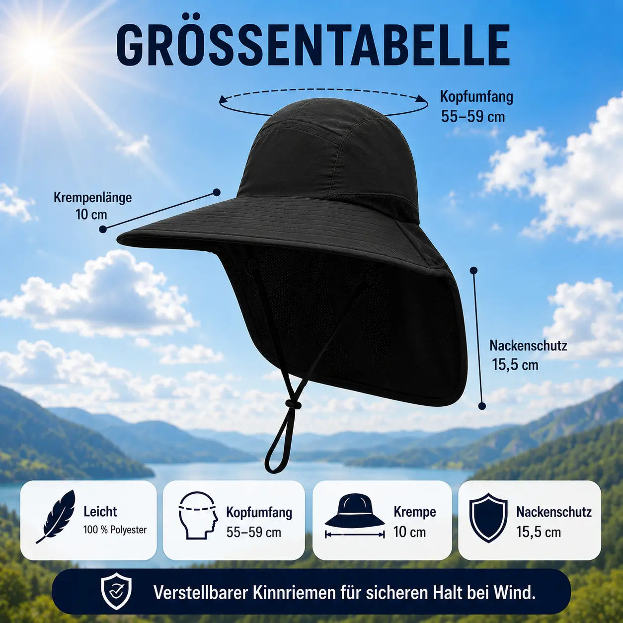 Sonnenhut mit Nackenschutz Größenübersicht