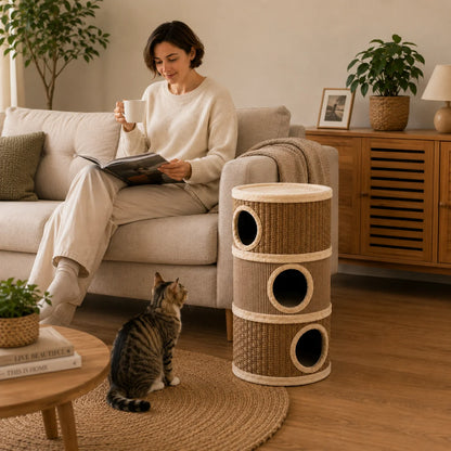 Kratztonne für Katzen 79 cm | 3 Etagen mit Sisal & Katzenhöhlen