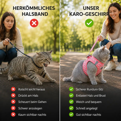 Katzen Geschirr mit Leine Kariert Reflektierend Atmungsaktiv