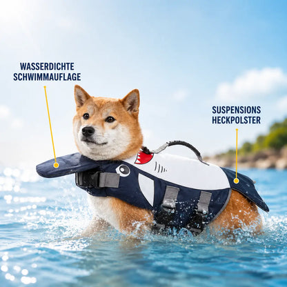 Hundeschwimmweste Hai-Design | Schwimmhilfe mit Rettungsgriff & Auftriebshilfe