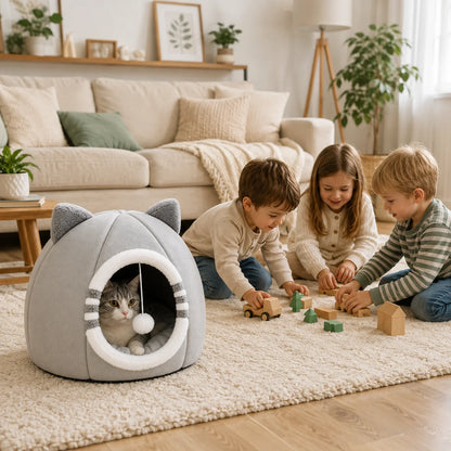Katzenhöhle Plüsch | Kuscheliges Katzenbett mit Kissen & Spielball