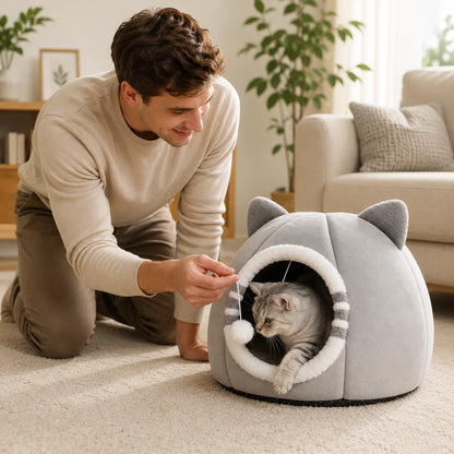 Katzenhöhle Plüsch | Kuscheliges Katzenbett mit Kissen & Spielball