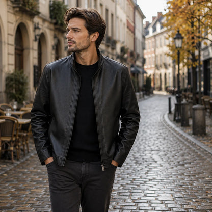 Herren Lederjacke | Vintage Stehkragen Jacke