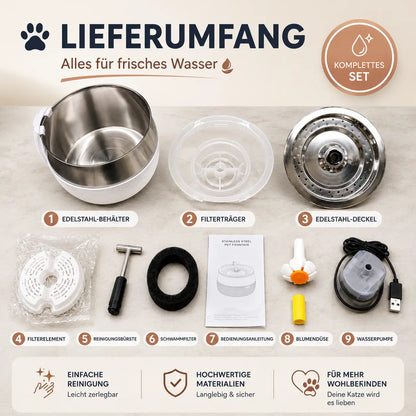 Edelstahl Trinkbrunnen für Katzen & Hunde – Fließendes Wasser