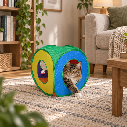 Katzentunnel Bunt | Faltbares Katzenspielzeug mit Spielball