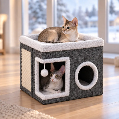 2-in-1 Katzenhaus mit Kratzmatte | Faltbare Katzenhöhle