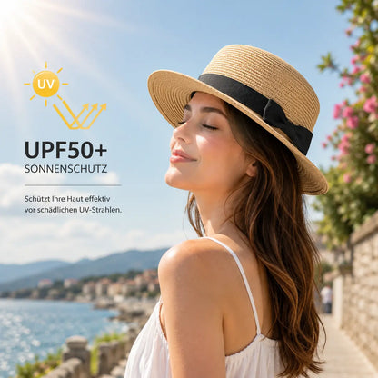 Damen Strohhut mit Schleife |UV-Schutz Sonnenhut für Sommer & Strand