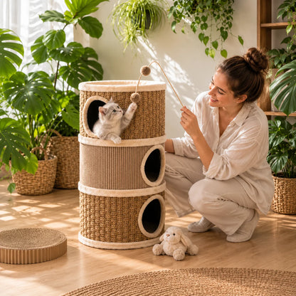 Kratztonne für Katzen 79 cm | 3 Etagen mit Sisal & Katzenhöhlen