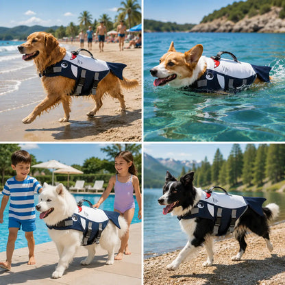 Hundeschwimmweste Hai-Design | Schwimmhilfe mit Rettungsgriff & Auftriebshilfe