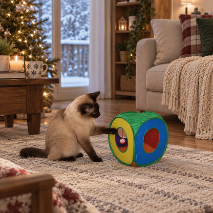Katzentunnel Bunt | Faltbares Katzenspielzeug mit Spielball