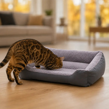 Katzenbett Winter | Warmes Plüschbett für Katzen mit hohem Rand