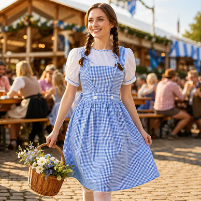 Dirndl Damen Blau Kariert Oktoberfest Kostüm mit Haarband