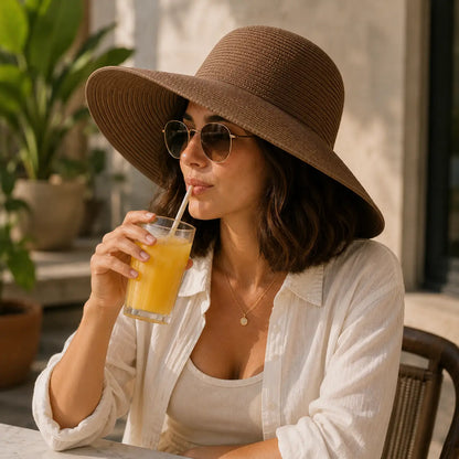 Damen Sonnenhut mit Breiter Krempe | Eleganter Sommer Strothut UV-Schutz