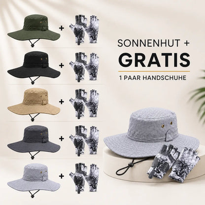 Sonnenhut mit UPF50+ UV-Schutz & breiter Krempe inkl. gratis Handschuhe