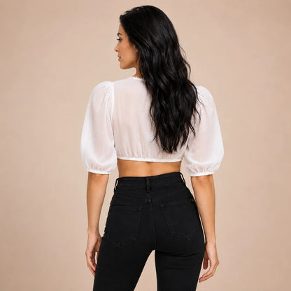 Dirndlbluse Damen  | Ecru mit V-Ausschnitt & Ballonärmeln