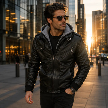 Herren Lederjacke mit Kapuze | Motorradjacke für Herbst & Winter